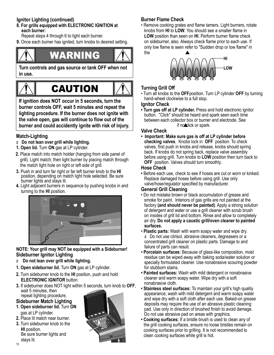 Char-Broil 463411512 manual Sideburner Ignitor Lighting, Sideburner Match Lighting, Burner Flame Check, Turning Grill Off 