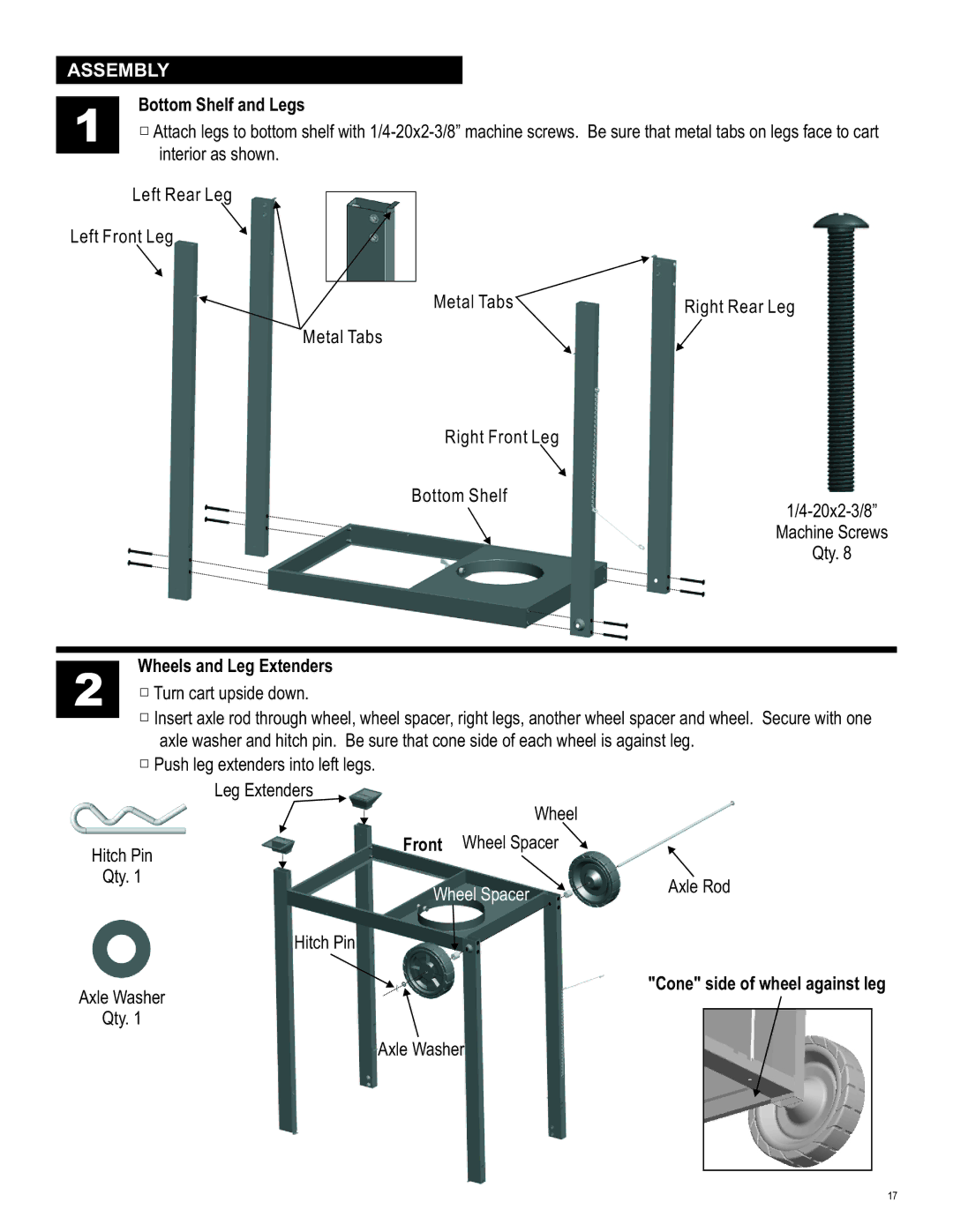 Char-Broil 463411512 manual Assembly, Bottom Shelf and Legs, Wheels and Leg Extenders, Cone side of wheel against leg 