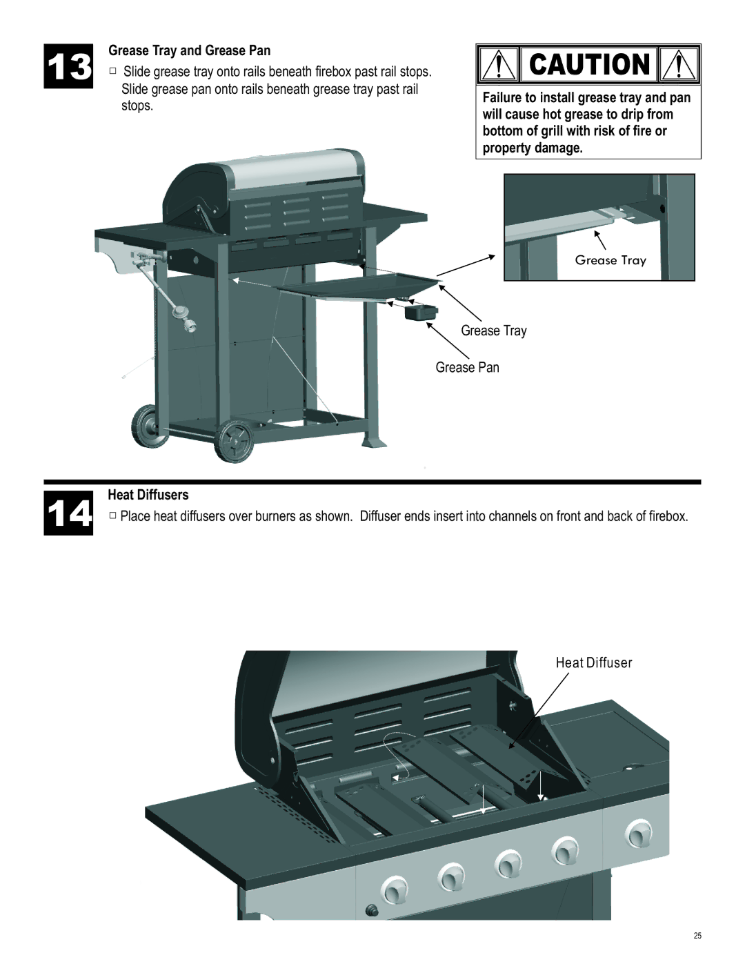 Char-Broil 463411512 manual Grease Tray and Grease Pan, Heat Diffusers 