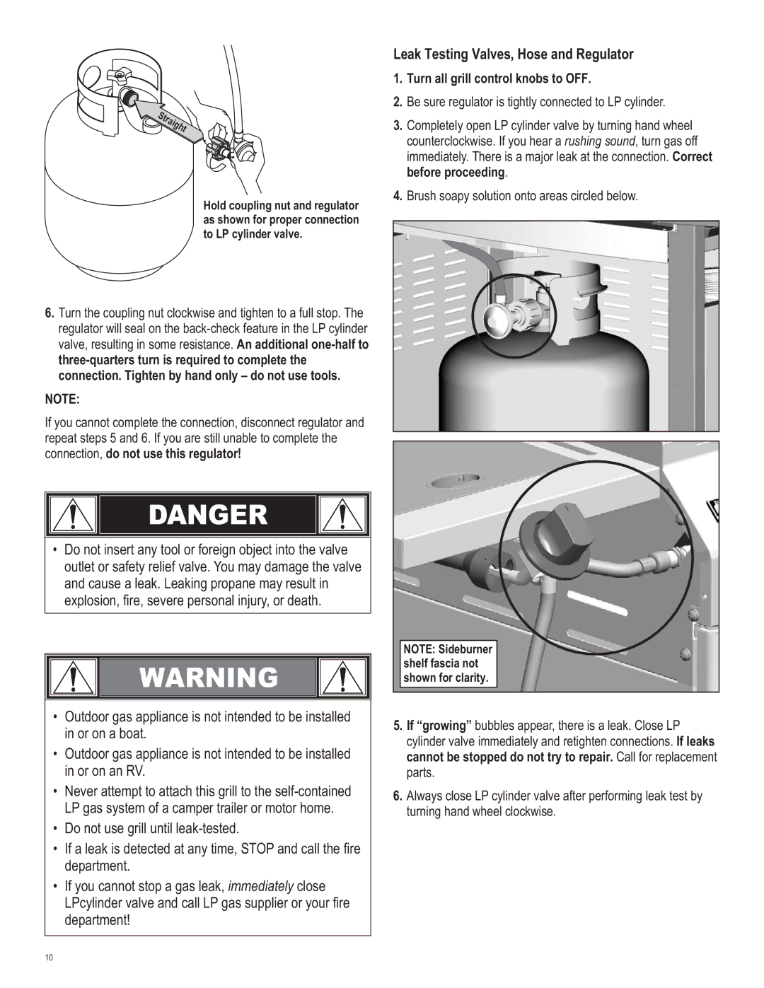 Char-Broil 463420509 manual Leak Testing Valves, Hose and Regulator, Connection, do not use this regulator 