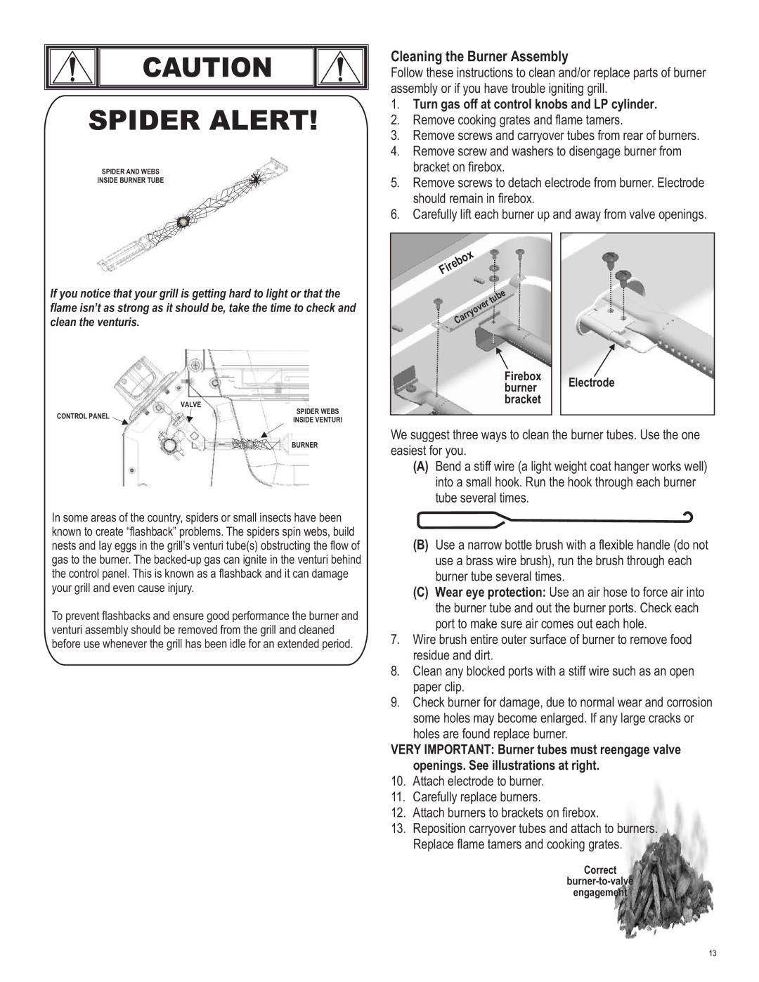 Char-Broil 463420509 manual Cleaning the Burner Assembly, Turn gas off at control knobs and LP cylinder 