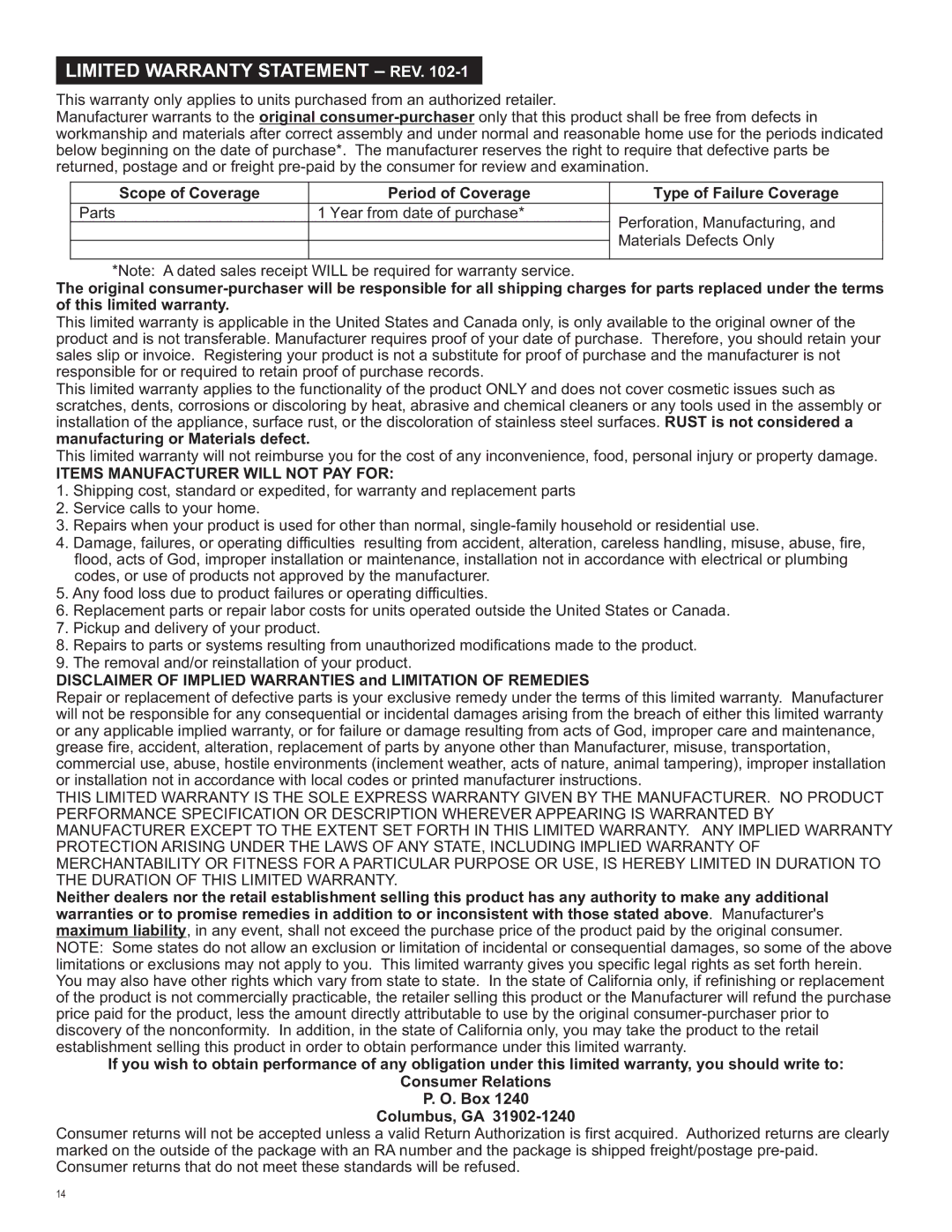 Char-Broil 463420509 manual Limited Warranty Statement REV, Items Manufacturer will not PAY for 