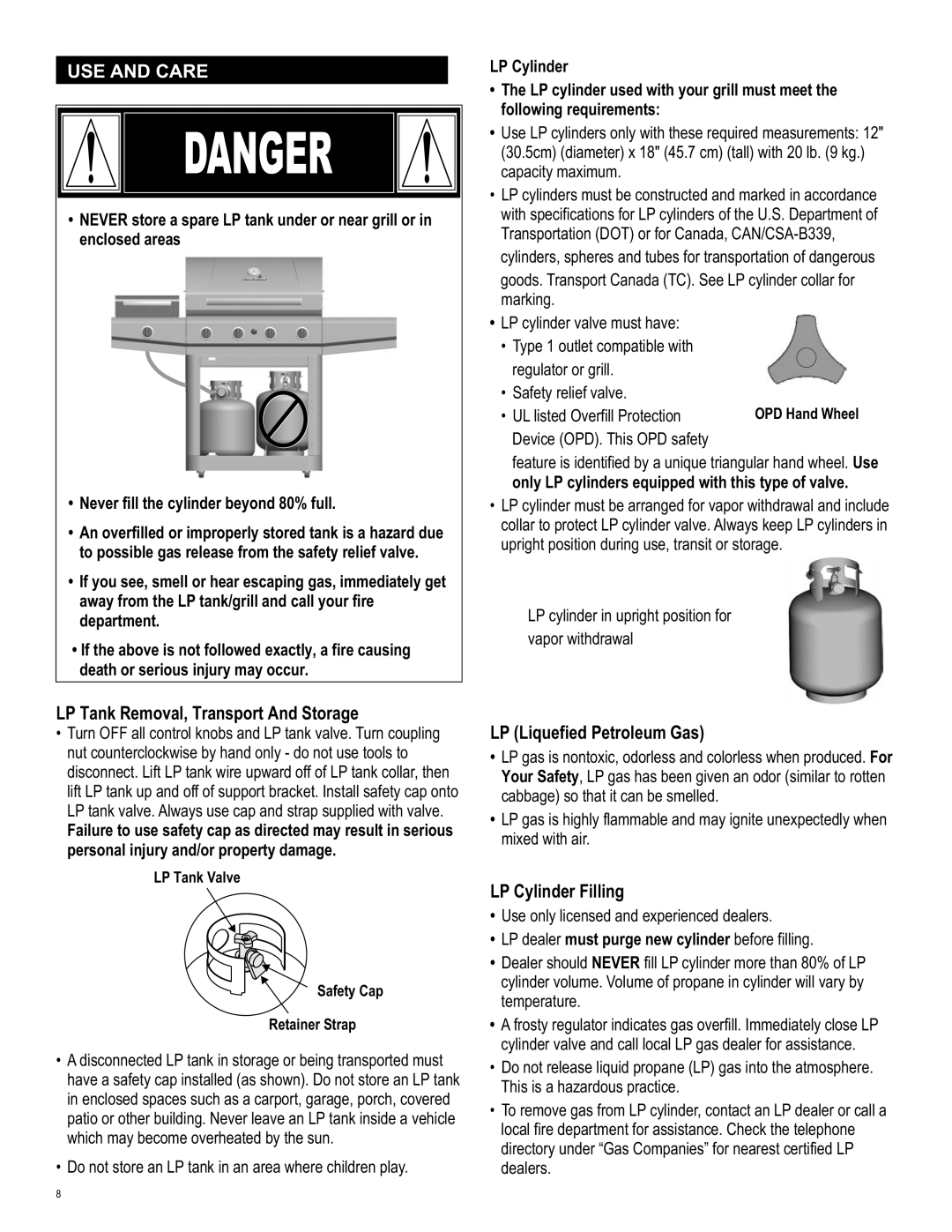 Char-Broil 463420509 USE and Care, LP Tank Removal, Transport And Storage, LP Liquefied Petroleum Gas, LP Cylinder Filling 