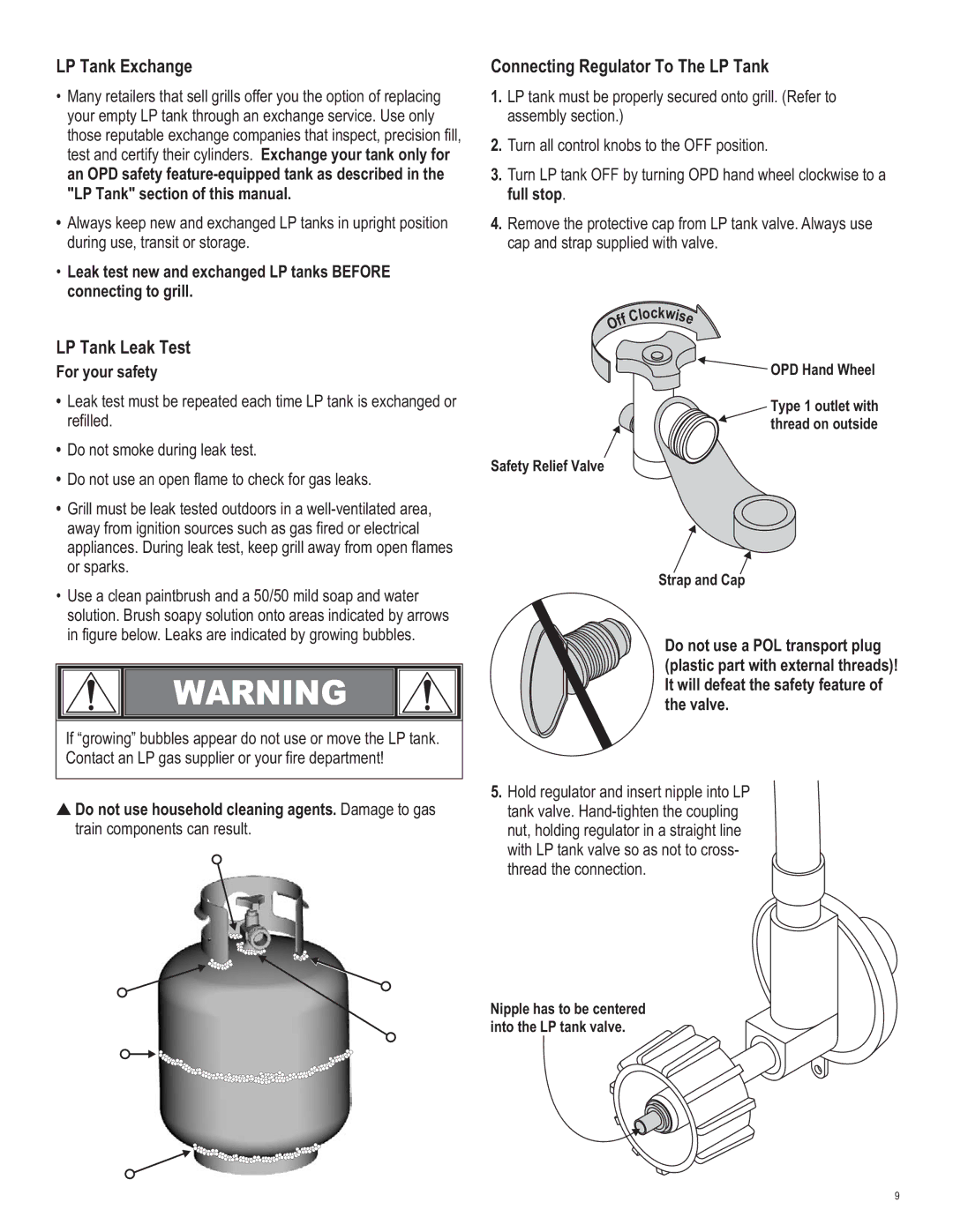 Char-Broil 463420509 manual LP Tank Exchange, LP Tank Leak Test, Connecting Regulator To The LP Tank, For your safety 