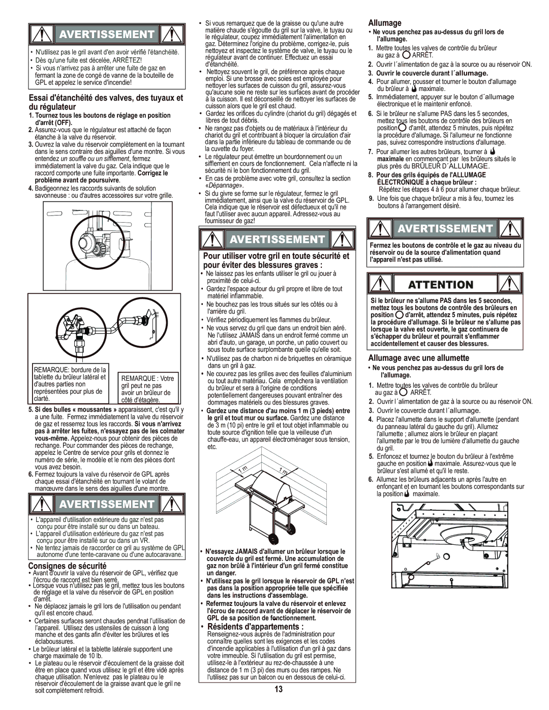 Char-Broil 463436214 manual Essai détanchéité des valves, des tuyaux et du régulateur, Consignes de sécurité, Allumage 