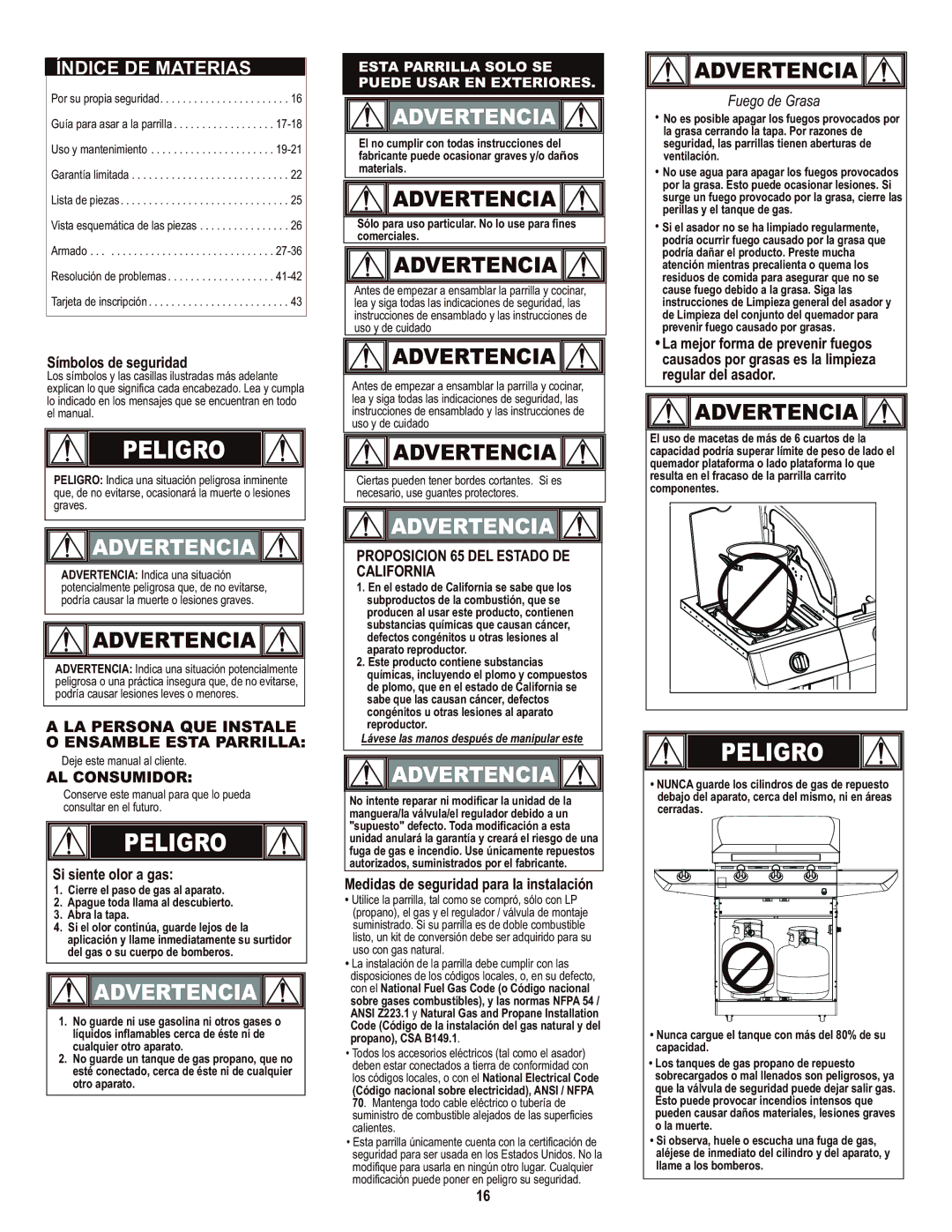 Char-Broil 463436214 manual Índice DE Materias, Símbolos de seguridad, Si siente olor a gas 