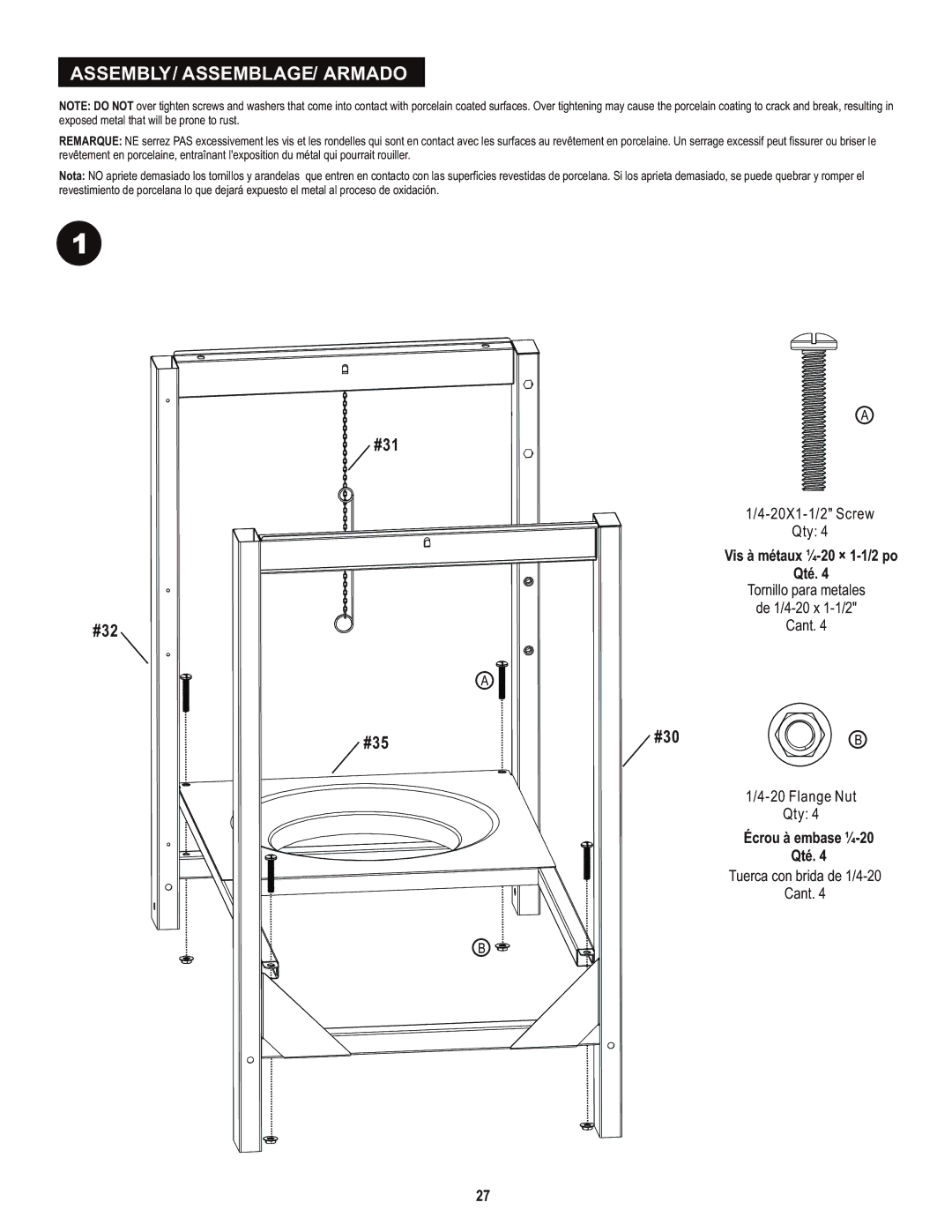 Char-Broil 463436214 manual ASSEMBLY/ ASSEMBLAGE/ Armado, Vis à métaux ¼-20 × 1-1/2 po Qté, Écrou à embase ¼-20 Qté 