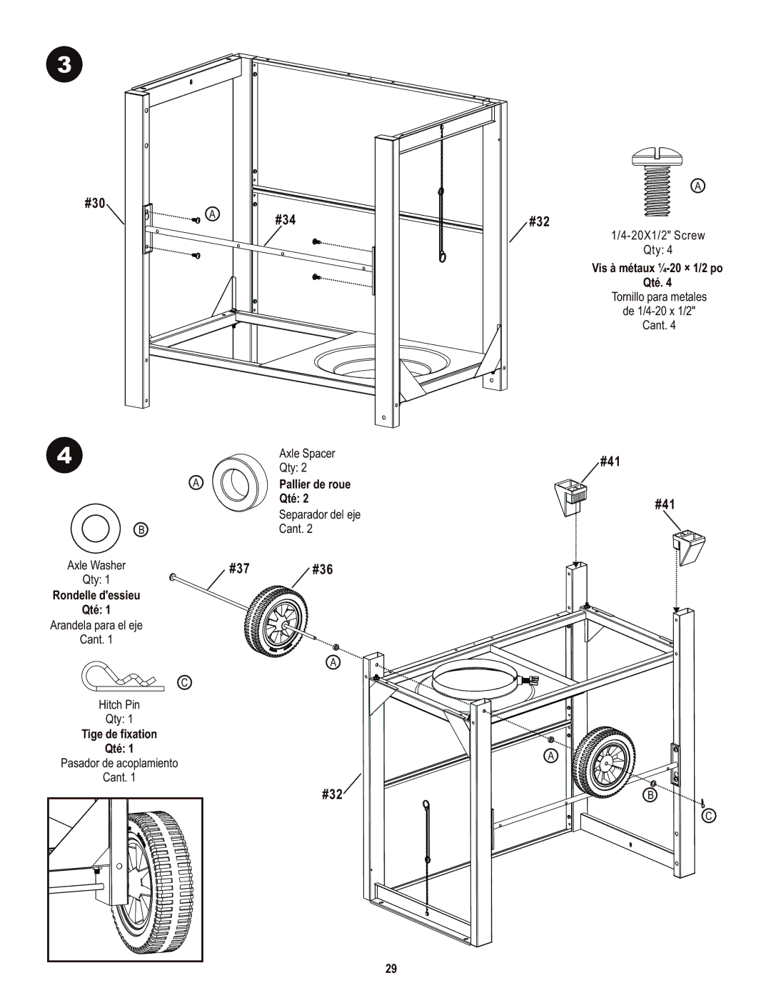 Char-Broil 463436214 manual Rondelle dessieu Qté, Tige de fixation Qté, Pallier de roue Qté, Vis à métaux ¼-20 × 1/2 po Qté 