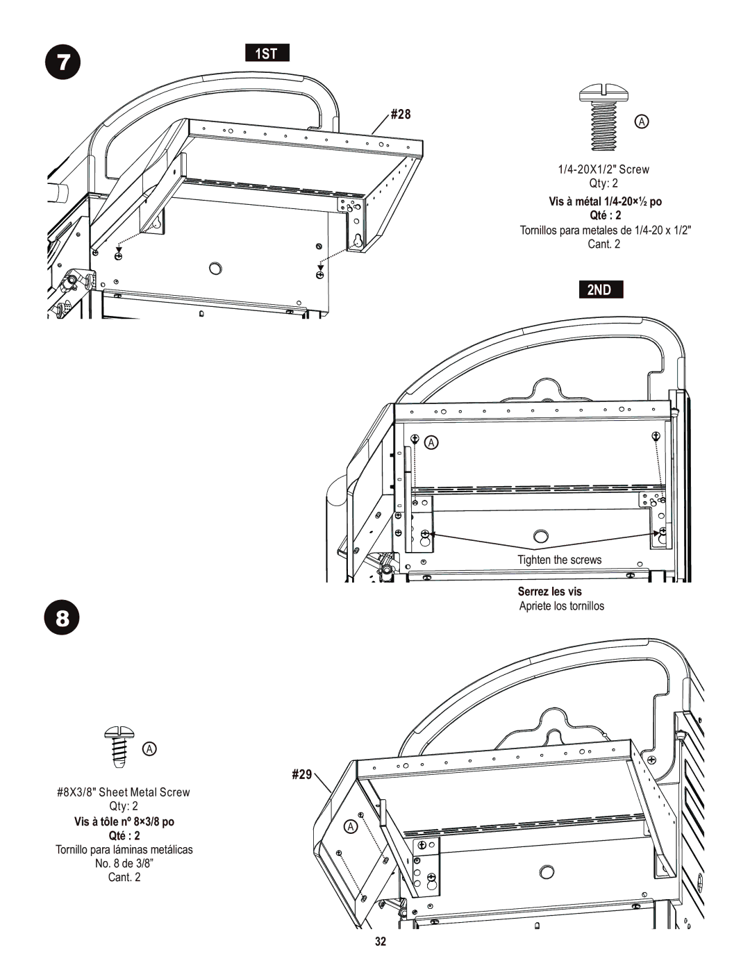 Char-Broil 463436214 manual Vis à tôle nº 8×3/8 po Qté, Serrez les vis 