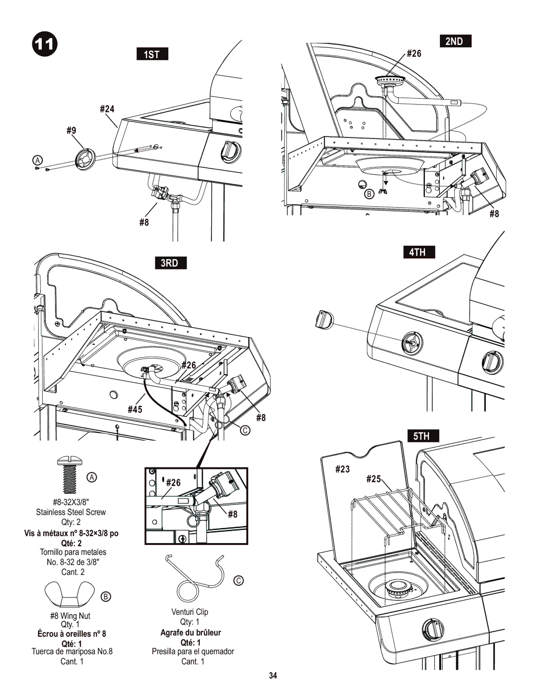 Char-Broil 463436214 manual 4TH 3RD, 5TH, Vis à métaux nº 8-32×3/8 po Qté, Écrou à oreilles nº Qté, Agrafe du brûleur 