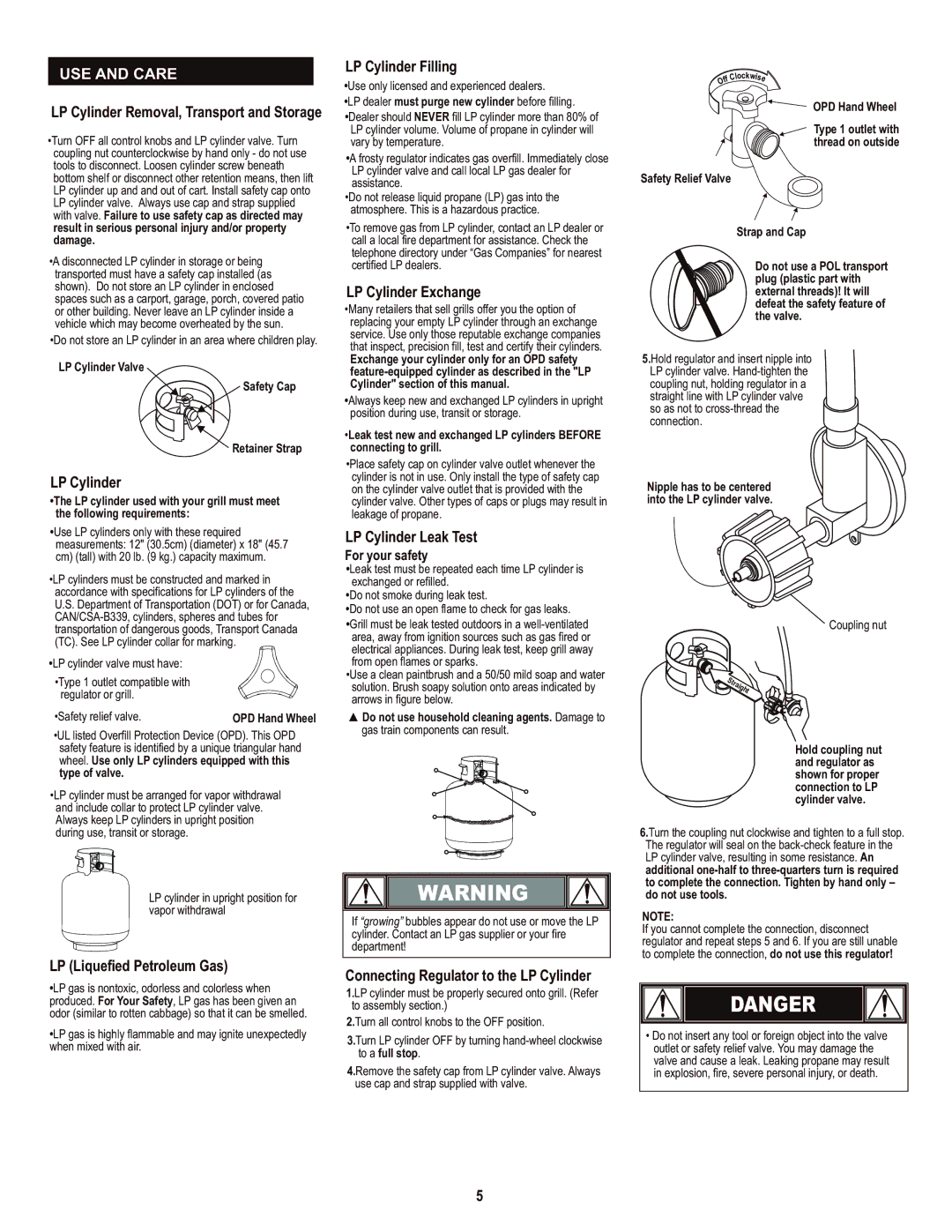 Char-Broil 463436214 manual LP Cylinder Removal, Transport and Storage, LP Liquefied Petroleum Gas, LP Cylinder Filling 