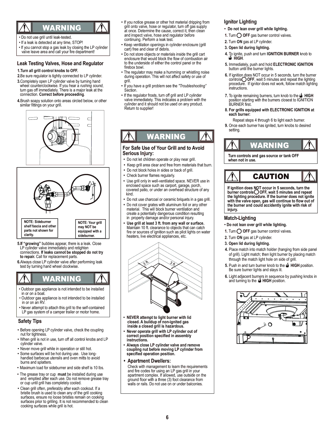 Char-Broil 463436214 manual Leak Testing Valves, Hose and Regulator, Ignitor Lighting, Safety Tips, Apartment Dwellers 