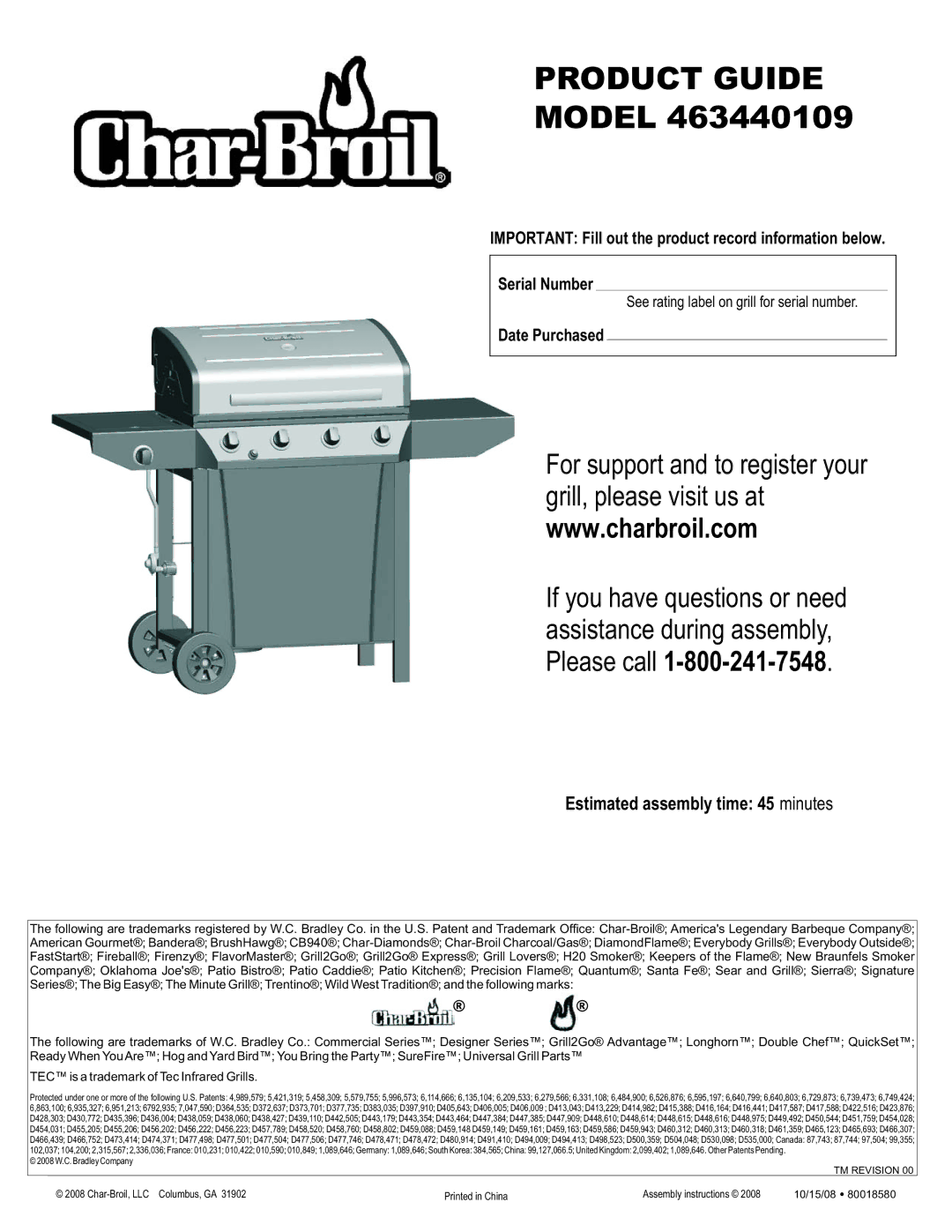 Char-Broil 463440109 manual Estimated assembly time 45 minutes, Date Purchased 