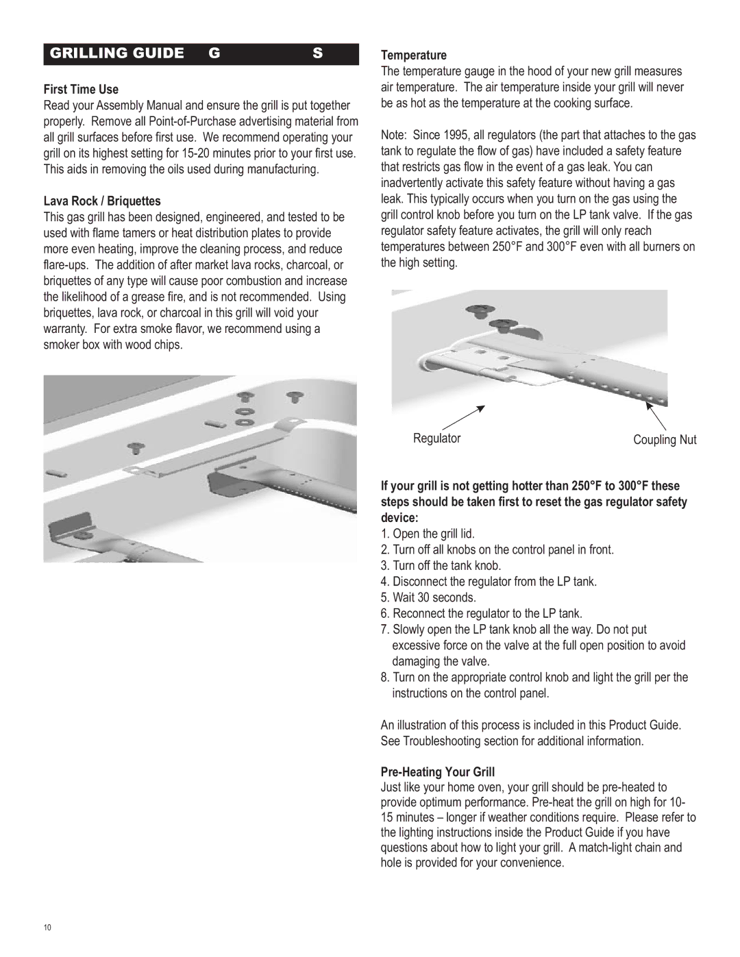 Char-Broil 463440109 manual First Time Use, Lava Rock / Briquettes, Temperature, Regulator, Pre-Heating Your Grill 