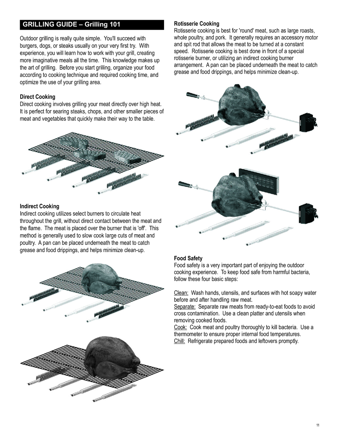 Char-Broil 463440109 manual Direct Cooking, Indirect Cooking, Rotisserie Cooking, Food Safety 