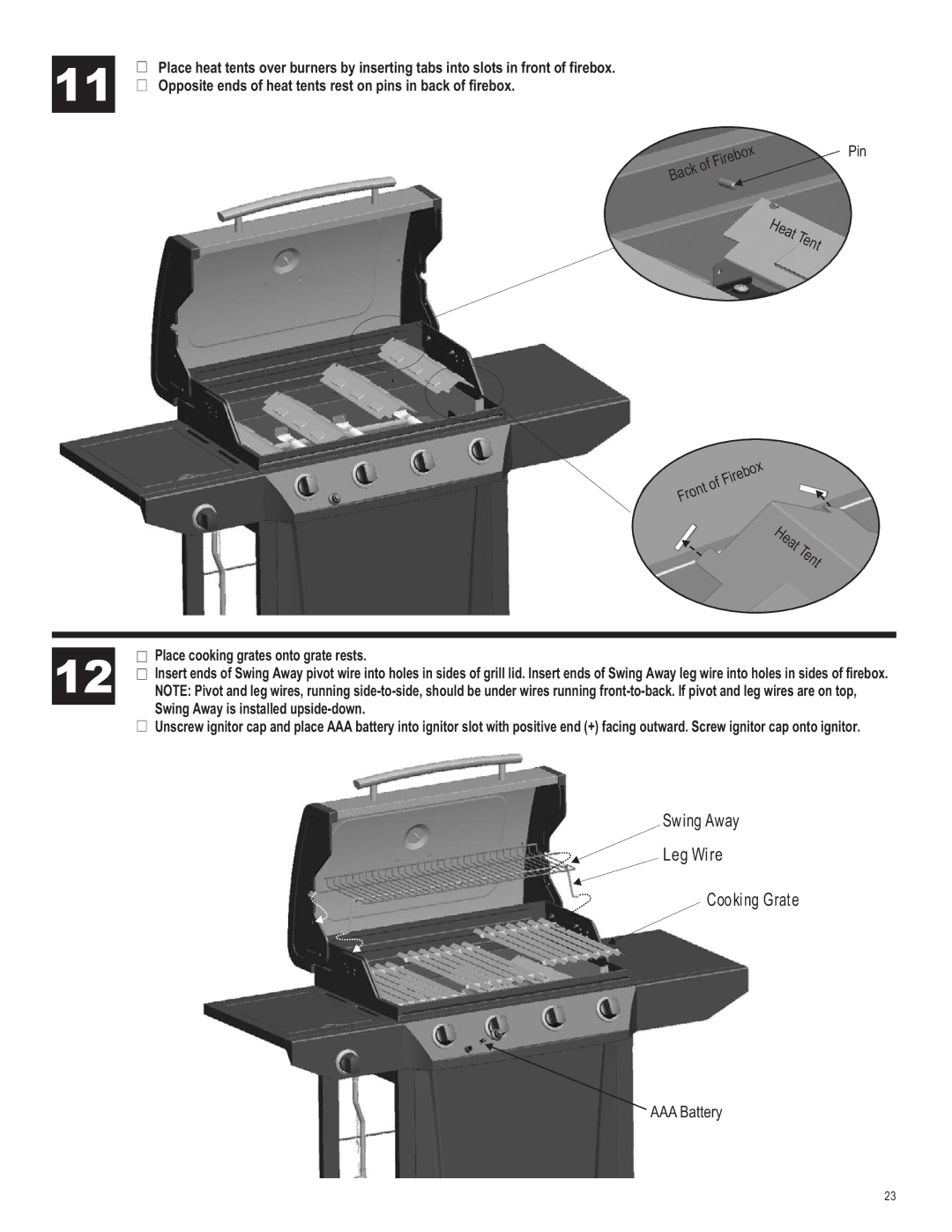 Char-Broil 463440109 manual Heat Tent, Swing Away Leg Wire Cooking Grate 