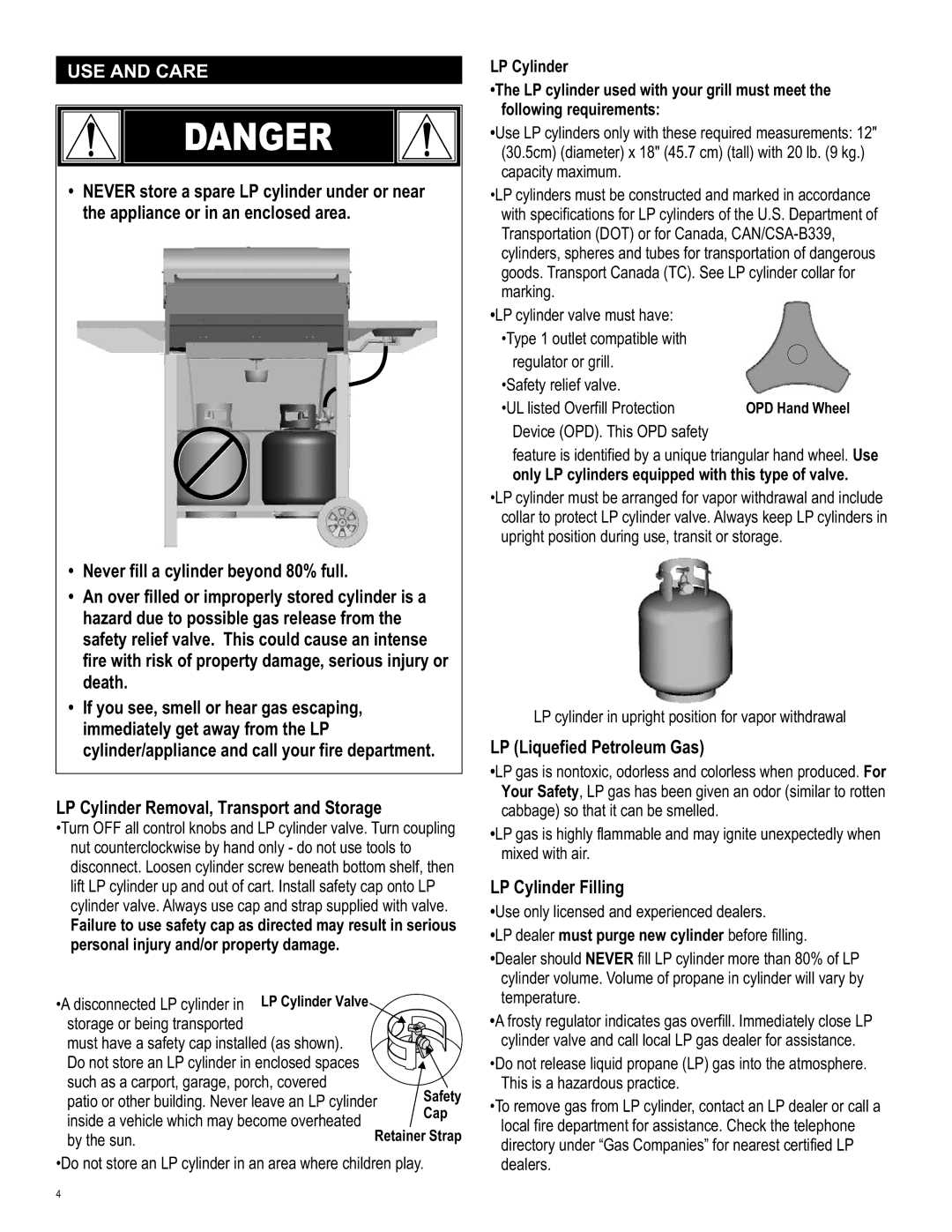 Char-Broil 463440109 manual LP Liquefied Petroleum Gas, LP Cylinder Filling, UL listed Overfill Protection 