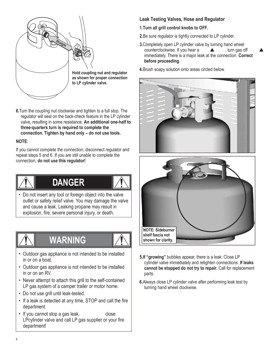 Char-Broil 463440109 manual Leak Testing Valves, Hose and Regulator, Connection, do not use this regulator 