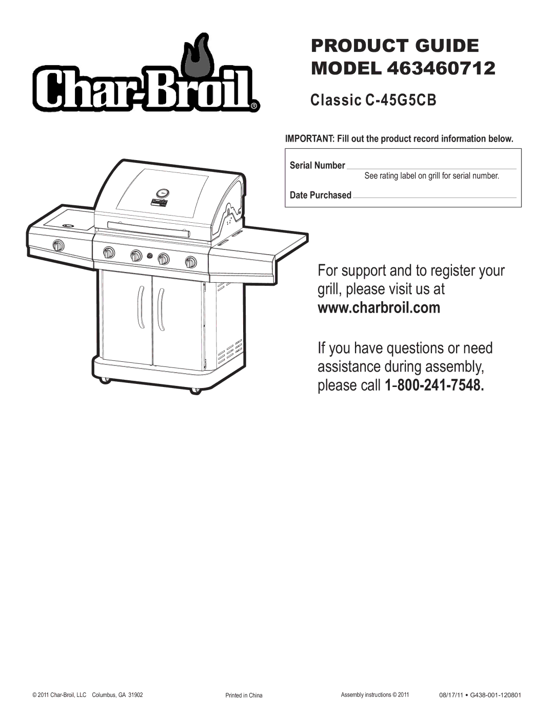 Char-Broil 463460712 manual Product Guide, Date Purchased 