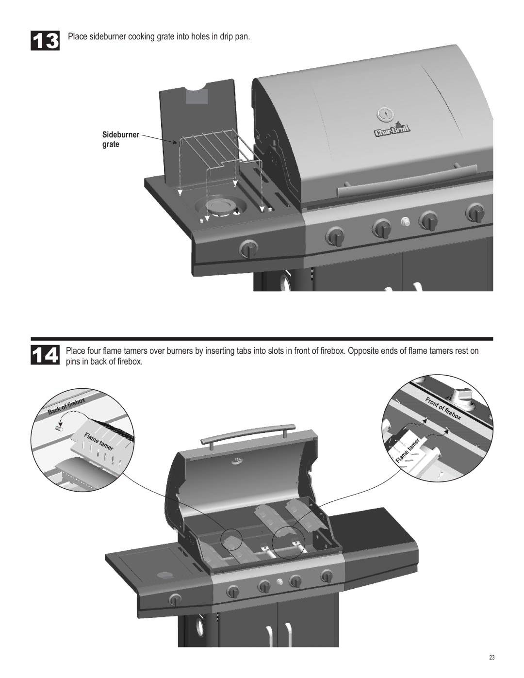 Char-Broil 463460712 manual Place sideburner cooking grate into holes in drip pan 