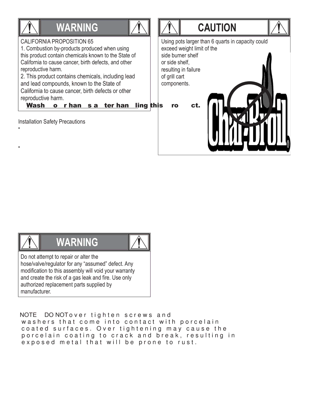 Char-Broil 463460712 manual California Proposition, Installation Safety Precautions 