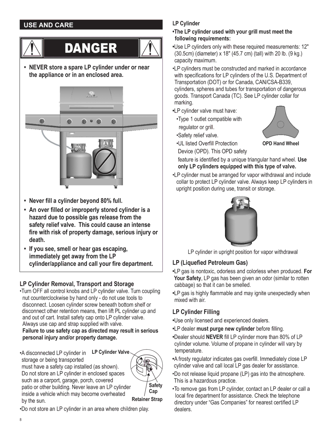 Char-Broil 463460712 manual USE and Care, LP Liquefied Petroleum Gas, LP Cylinder Filling, UL listed Overfill Protection 