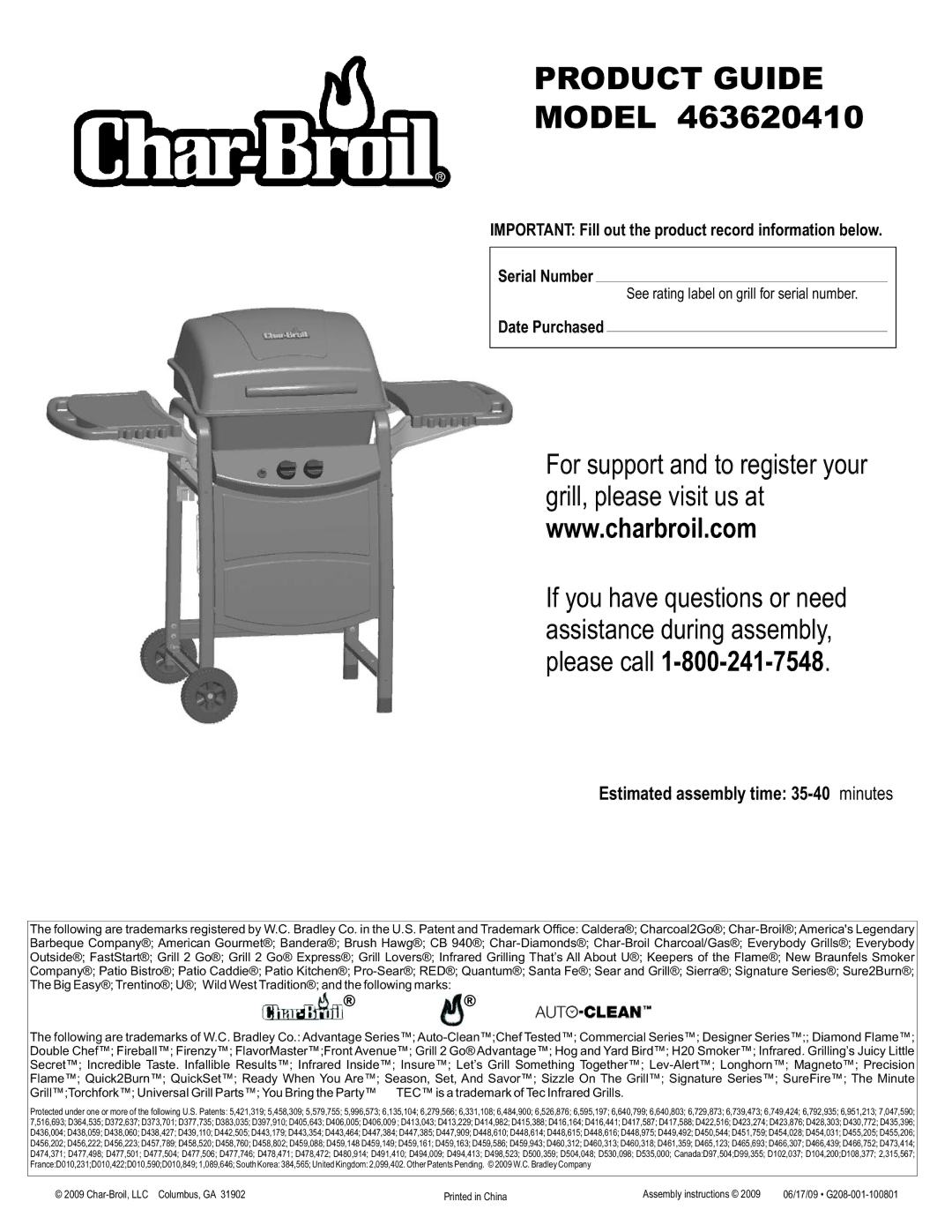 Char-Broil 463620410 manual Estimated assembly time 35-40 minutes, Date Purchased 