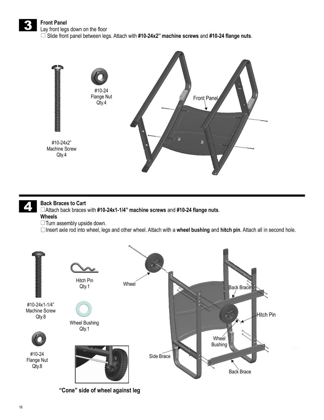 Char-Broil 463620410 manual Cone side of wheel against leg, Front Panel 