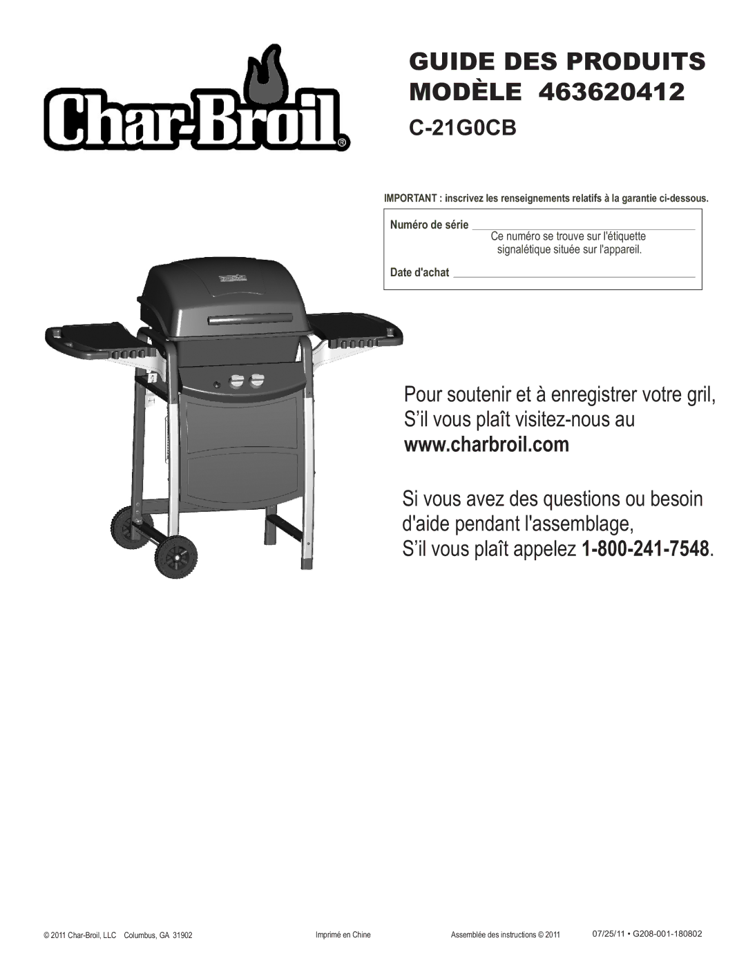 Char-Broil 463620412 manual Numéro de série, Date dachat 