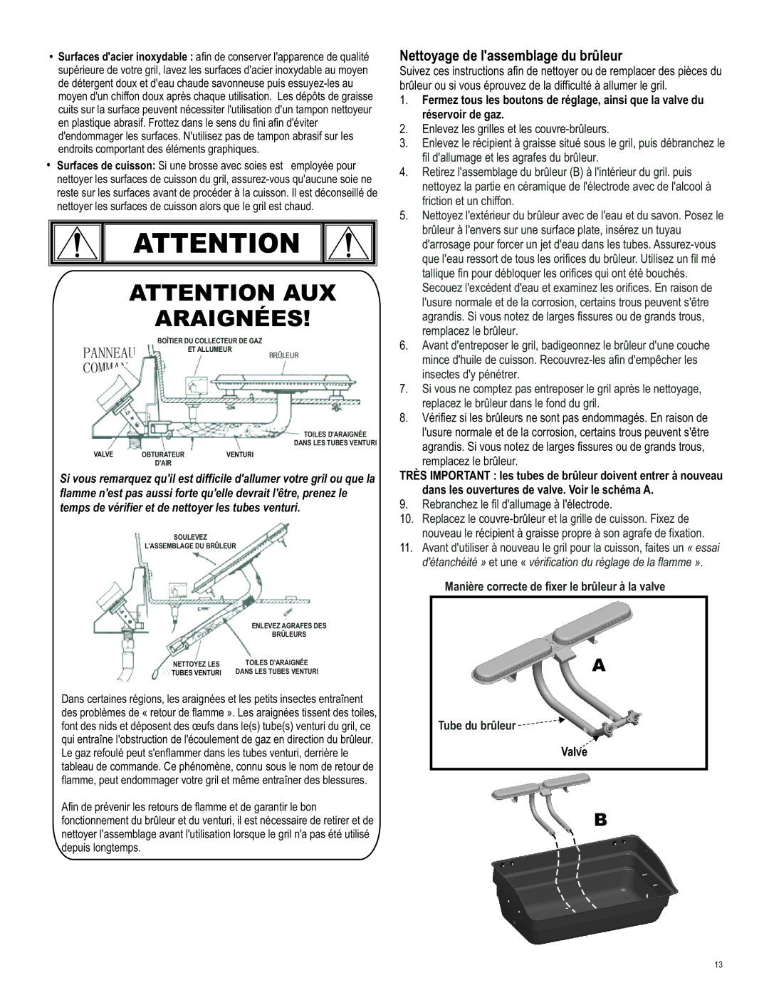 Char-Broil 463620412 manual Araignées, Nettoyage de lassemblage du brûleur 