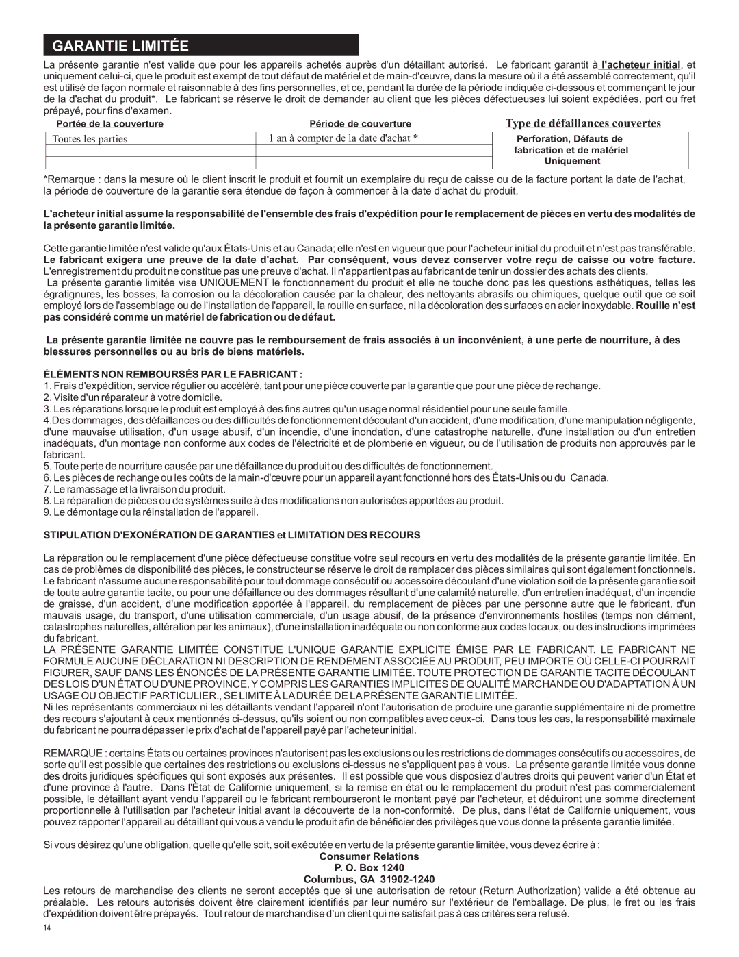 Char-Broil 463620412 manual Garantie Limitée, Type de défaillances couvertes 