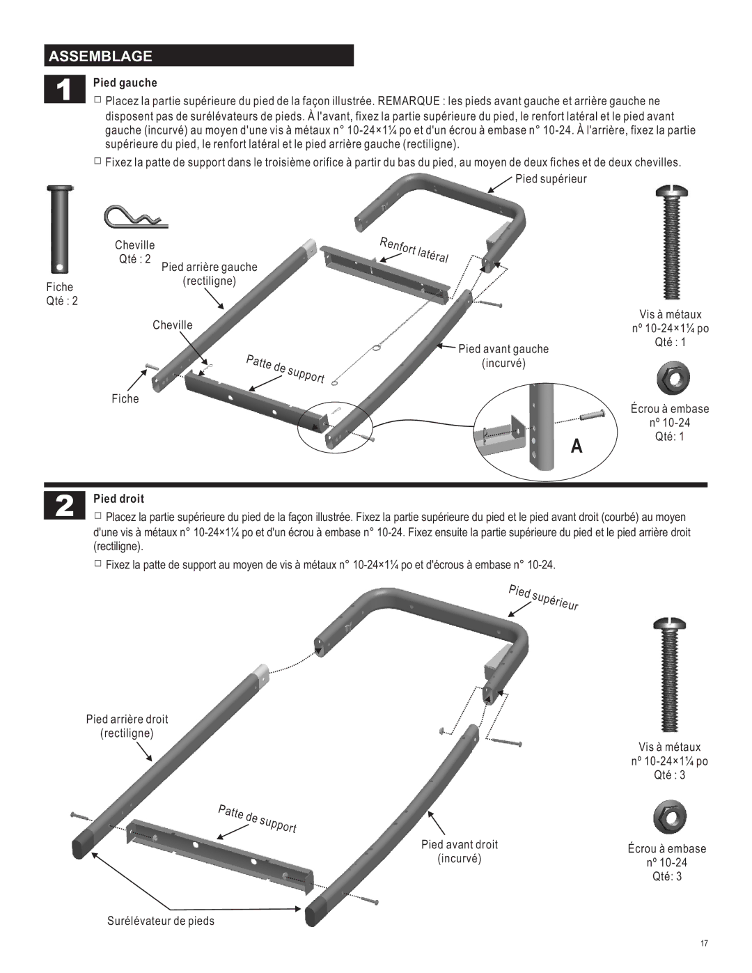 Char-Broil 463620412 manual Assemblage, Pied gauche, Pied droit 
