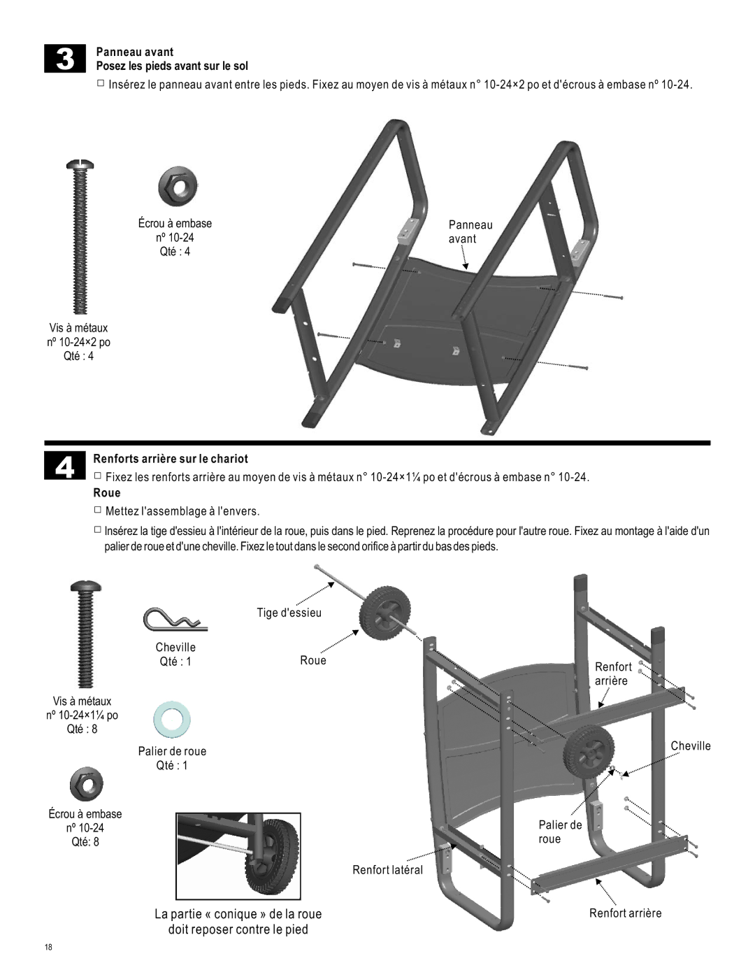 Char-Broil 463620412 manual Panneau avant Posez les pieds avant sur le sol, Renforts arrière sur le chariot, Roue 