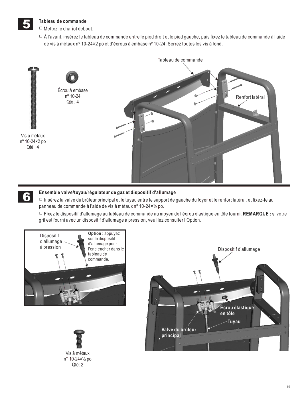 Char-Broil 463620412 manual Tableau de commande, Écrou élastique en tôle Tuyau Valve du brûleur principal 