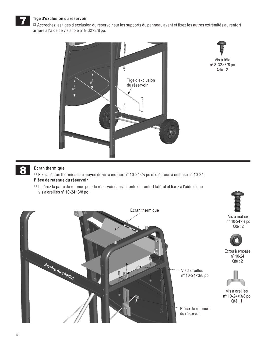 Char-Broil 463620412 manual Tige dexclusion du réservoir, Écran thermique, Pièce de retenue du réservoir 