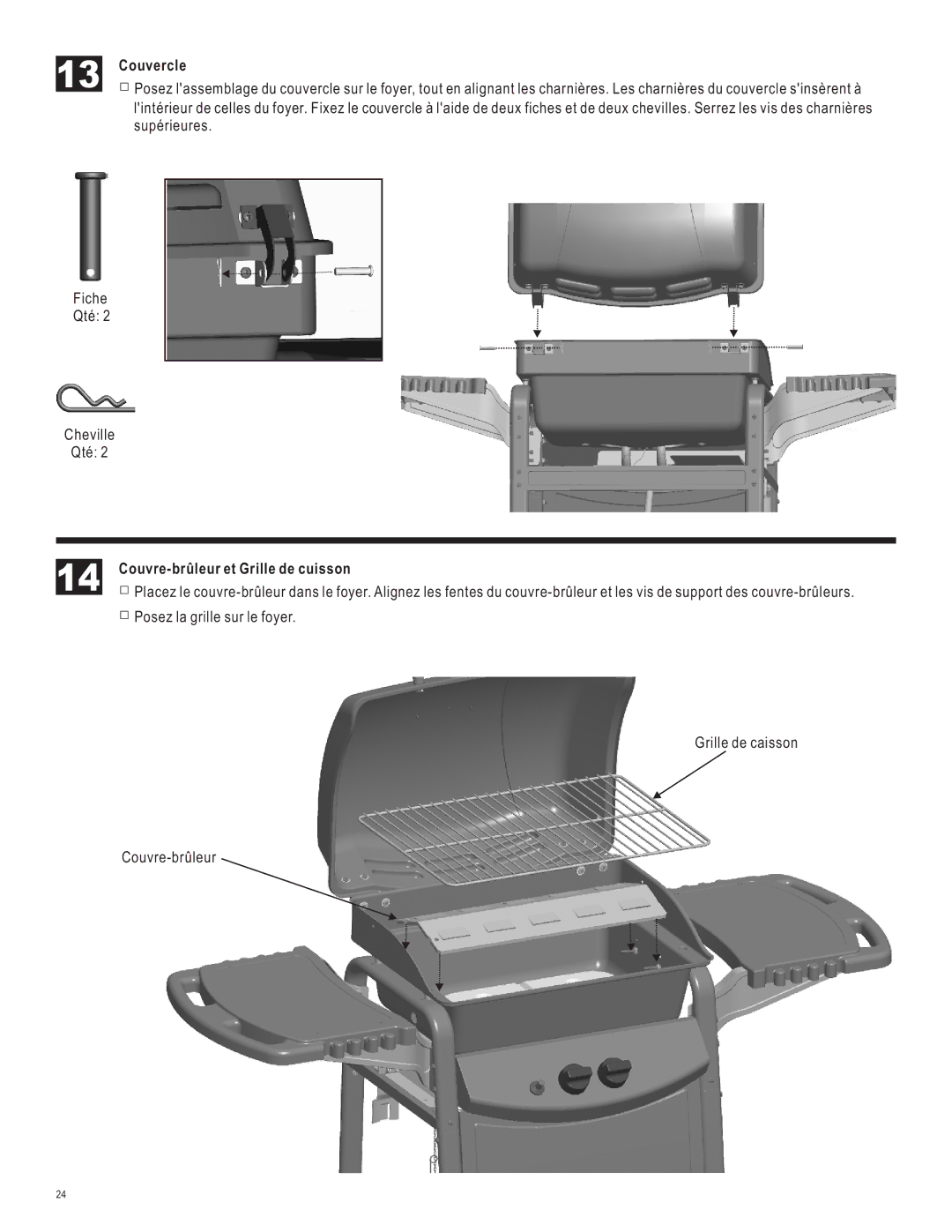 Char-Broil 463620412 manual Couvercle, Couvre-brûleur et Grille de cuisson 