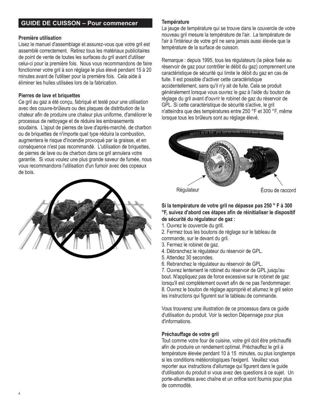 Char-Broil 463620412 manual Première utilisation, Pierres de lave et briquettes, Température, Préchauffage de votre gril 