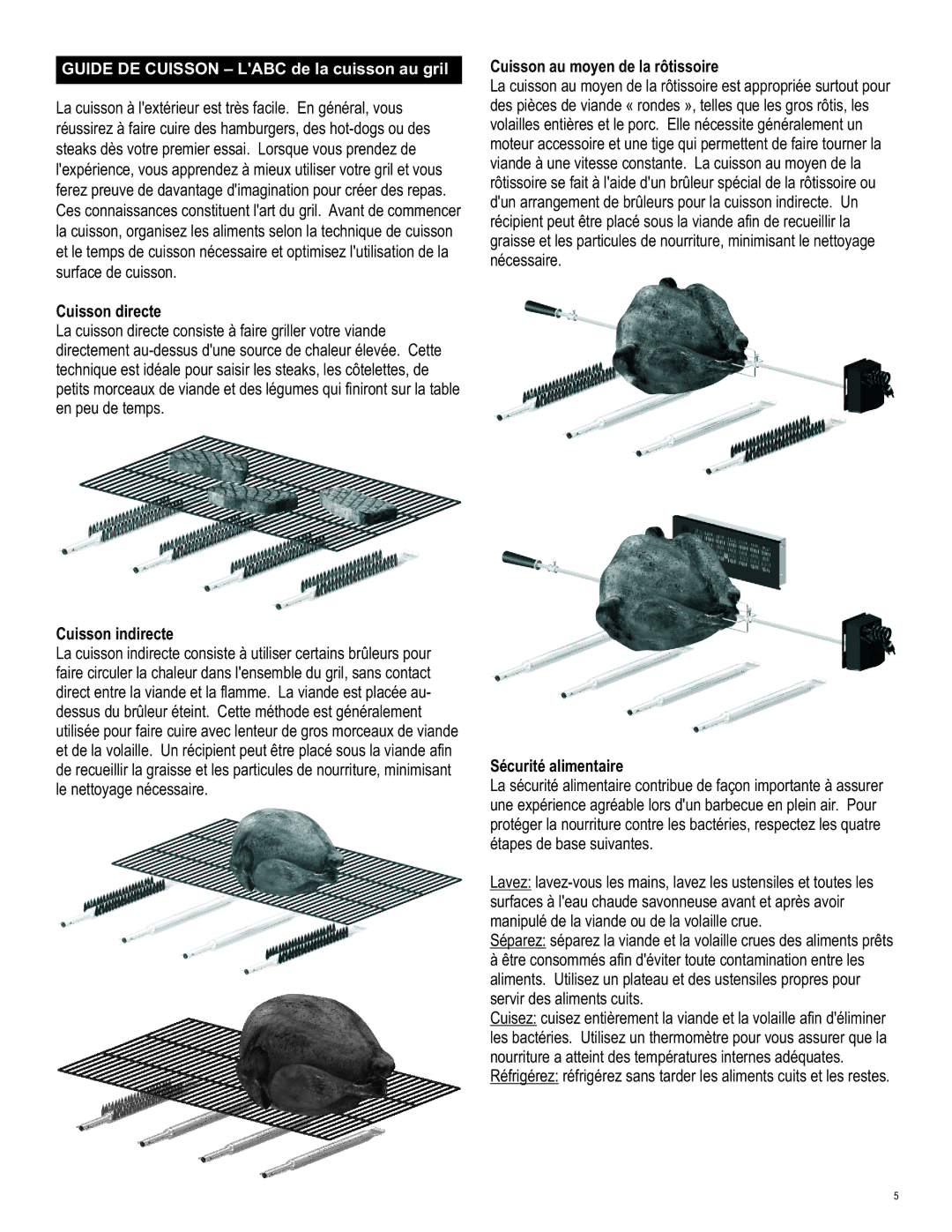 Char-Broil 463620412 manual Cuisson directe, Cuisson indirecte, Cuisson au moyen de la rôtissoire, Sécurité alimentaire 