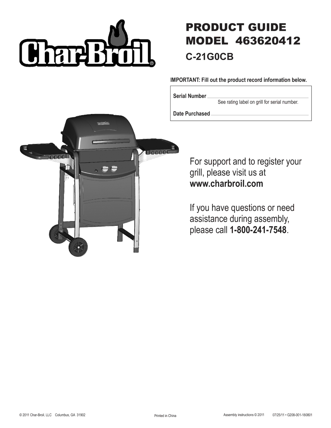 Char-Broil 463620412 manual Product Guide, Date Purchased 