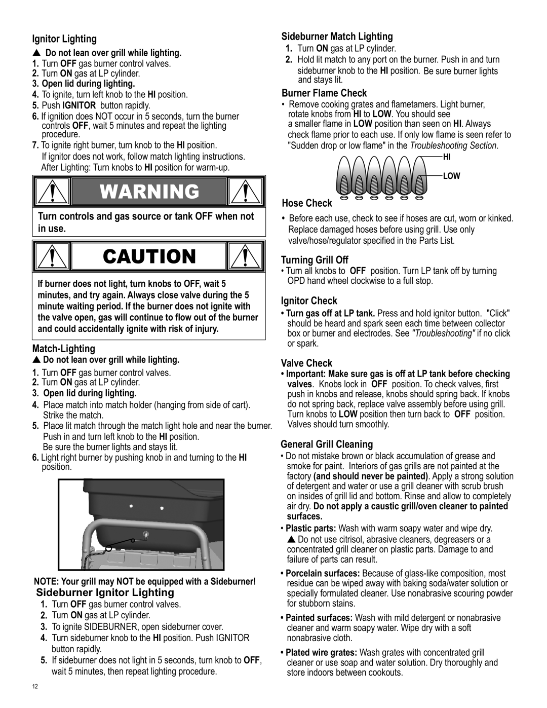 Char-Broil 463620412 Ignitor Lighting, Turn controls and gas source or tank OFF when not, Use, Match-Lighting, Hose Check 