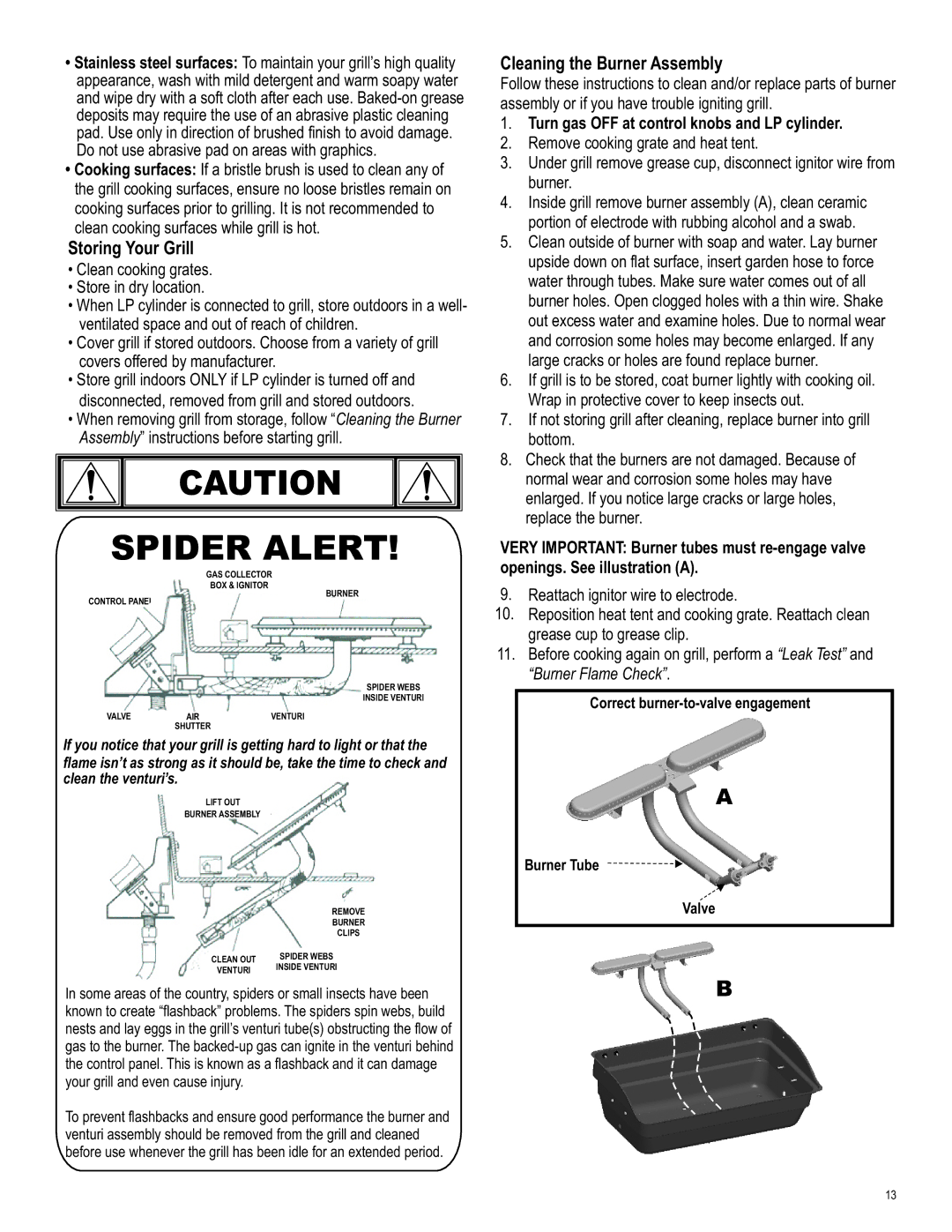 Char-Broil 463620412 manual Storing Your Grill, Cleaning the Burner Assembly, Turn gas OFF at control knobs and LP cylinder 