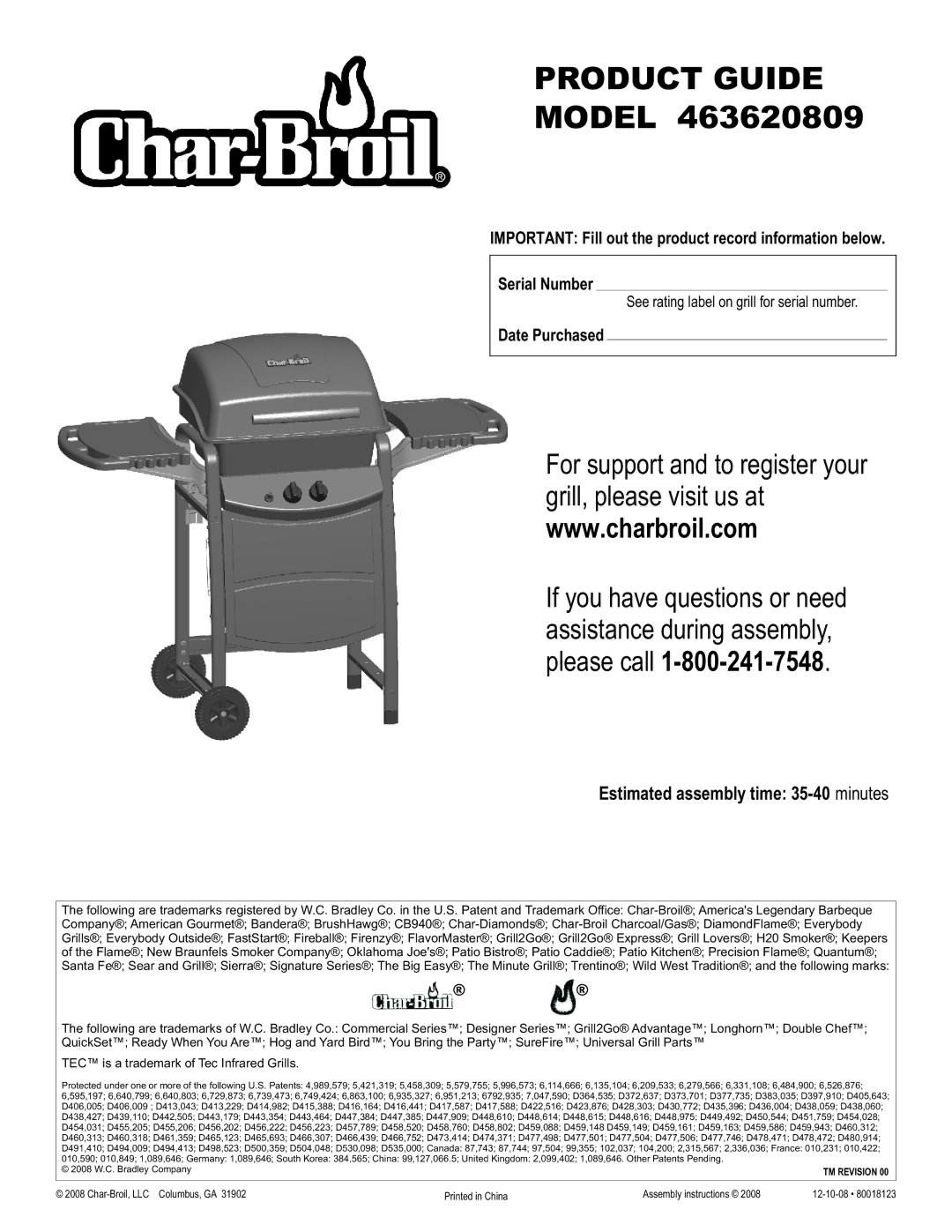 Char-Broil 463620809 manual Estimated assembly time 35-40 minutes, Date Purchased 