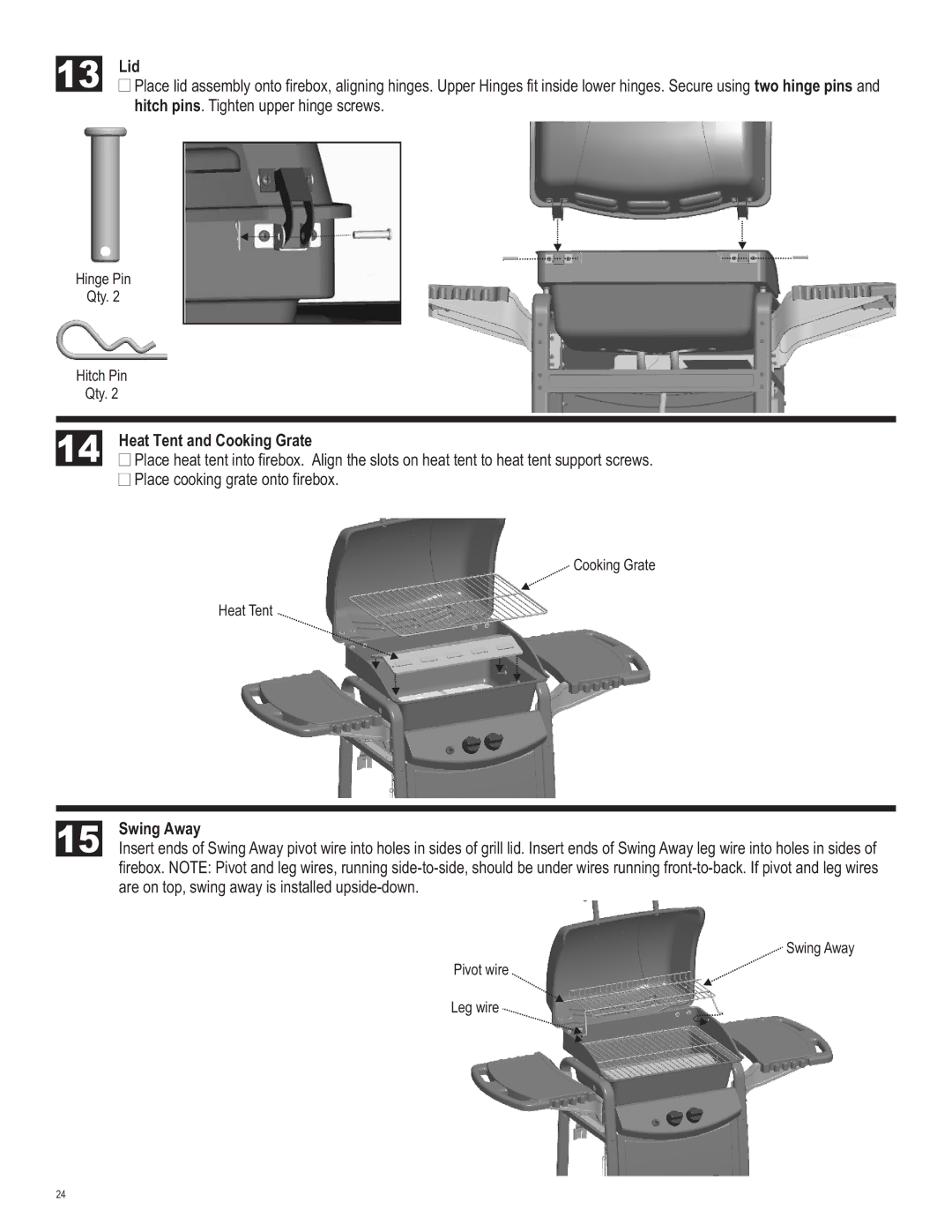 Char-Broil 463620809 manual Lid, Heat Tent and Cooking Grate, Swing Away 