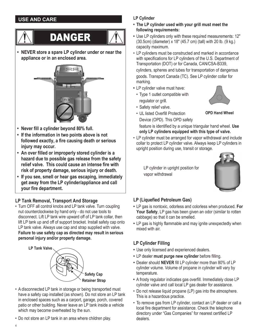 Char-Broil 463620809 USE and Care, LP Tank Removal, Transport And Storage, LP Liquefied Petroleum Gas, LP Cylinder Filling 