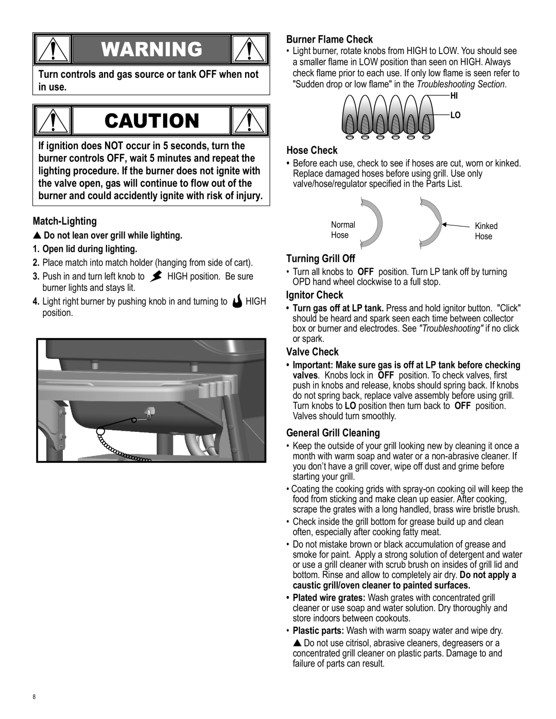 Char-Broil 463620809 Burner Flame Check, Hose Check, Turning Grill Off, Ignitor Check, Valve Check, General Grill Cleaning 