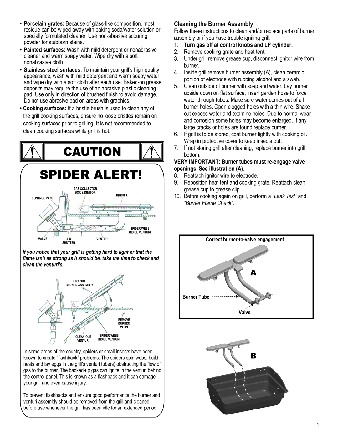 Char-Broil 463620809 manual Cleaning the Burner Assembly, Turn gas off at control knobs and LP cylinder 