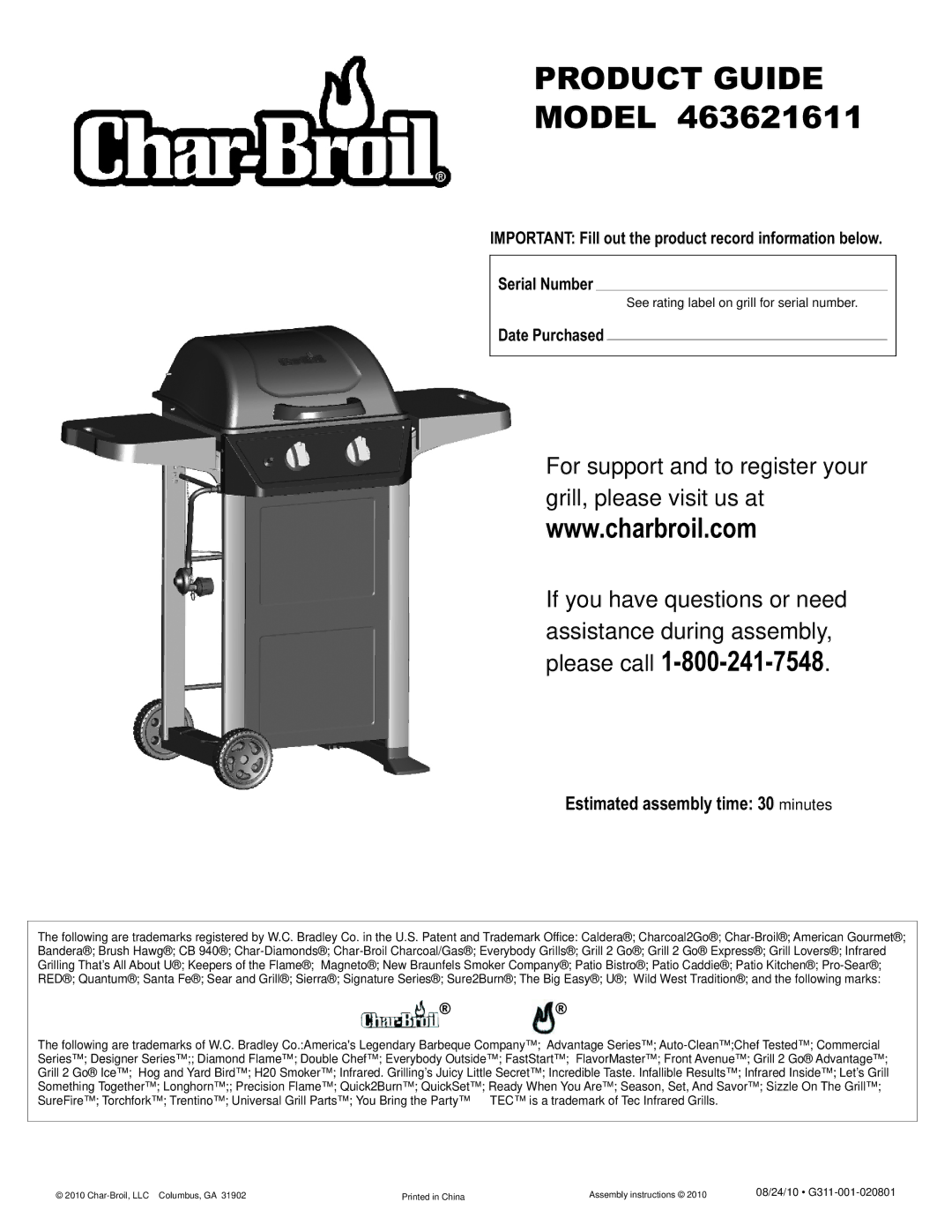 Char-Broil 463621611 manual Estimated assembly time 30 minutes, Date Purchased 