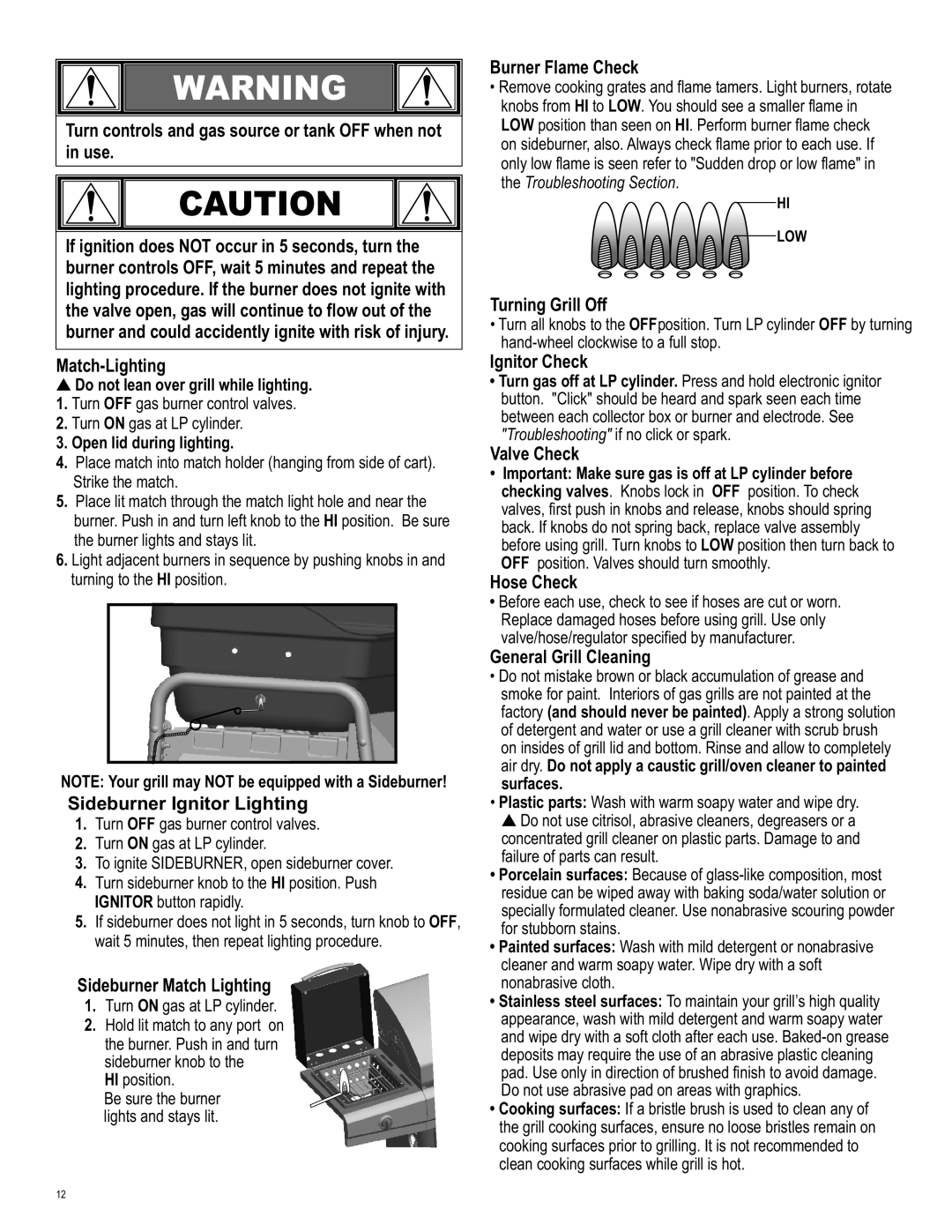 Char-Broil 463621611 manual Sideburner Ignitor Lighting, Sideburner Match Lighting, Burner Flame Check, Turning Grill Off 