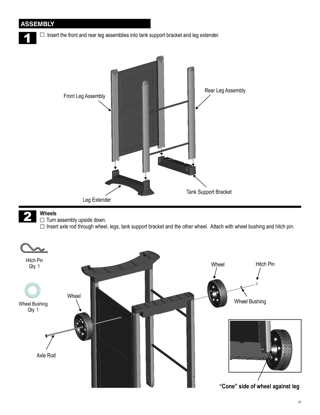 Char-Broil 463621611 manual Assembly, Cone side of wheel against leg, Wheels 