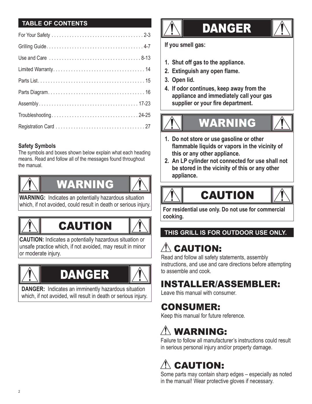 Char-Broil 463621611 manual Table of Contents, This Grill is for Outdoor USE only 